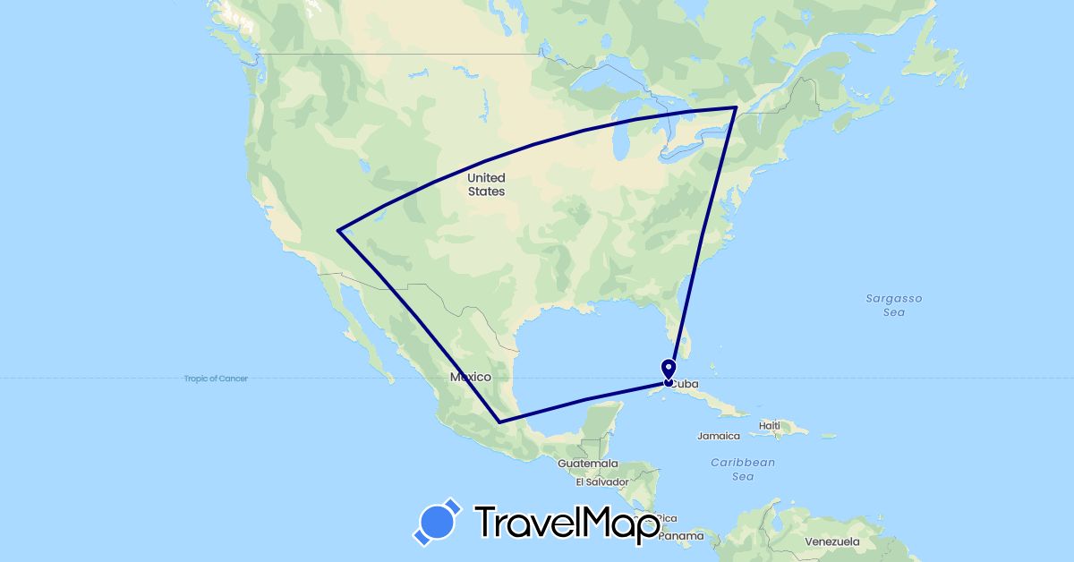 TravelMap itinerary: driving in Canada, Cuba, Mexico, United States (North America)
